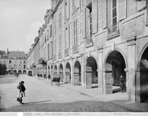 View of the arcade of Place des Vosges, c.1890-99 (b/w photo) View of the arcade of Place des Vosges, c.1890-99 (b/w photo)