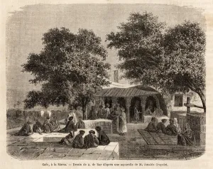 View of a cafe in La Marsa (Tunis), drawing by A.de Bar, to illustrate a trip to Tunis View of a cafe in La Marsa (Tunis), drawing by A.de Bar, to illustrate a trip to Tunis