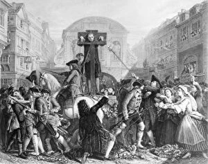 View of Daniel Defoe (1660-1731) in the pillory at Temple Bar surrounded by a crowd