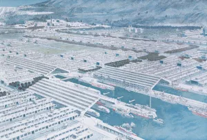 View of Factories, designed by Tony Garnier (1869-1948) from La Cite Industrielle, 1917 (colour litho) View of Factories, designed by Tony Garnier (1869-1948) from La Cite Industrielle, 1917 (colour litho)