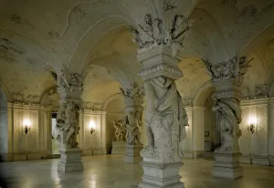 LRI4596502 View of the Grand Hall of the Palace of Belvedere, 1716 (photography) by Mattielli, Lorenzo (1680-1748); Belvedere, Vienna, Austria; (add.info.: View of the Grand Hall of the Palace of Belvedere, realized by architect Johann-Lukas (Johann Lukas) von Hildebrandt for Prince Eugene of Savoy, 1716. Columns sculpted by Lorenzo Mattielli (1680-1748). Vienna, Austria); Luisa Ricciarini; Italian, out of copyright View of the Grand Hall of the Palace of Belvedere, 1716 (photography)