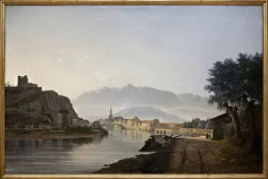 View of Grenoble taken from the Quai de la Graille, Oil painting by Jean Achard (1807-1884) made in 1837
