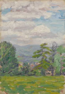 Impasto Gallery: View through meadow and tree with valley beyond (oil on panel)