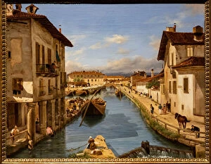 Dipinto A Olio Gallery: View of the Naviglio Canal from the bridge of St. Mark, c.1850 (oil on canvas)