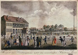 View of the newly built clubhouse and square, Berlin (hand coloured etching) View of the newly built clubhouse and square, Berlin (hand coloured etching)