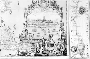 View of Quebec, cartouche of a map depicting St. Lawrence River from Sorel, 1699 View of Quebec, cartouche of a map depicting St. Lawrence River from Sorel, 1699