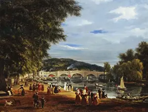 A View of Richmond Bridge with Boats on the River and Figures Promenading A View of Richmond Bridge with Boats on the River and Figures Promenading