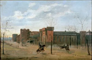 View over Sforza castle with cavalry training (painting, 19th century) View over Sforza castle with cavalry training (painting, 19th century)