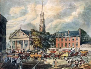 View of St. Paul's Chapel and the Broadway Stages, New York (colour litho) View of St. Paul's Chapel and the Broadway Stages, New York (colour litho)