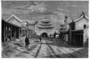 View from a street at 'Youn Tchen Sian', China. Engraving after a drawing by A View from a street at 'Youn Tchen Sian', China. Engraving after a drawing by A