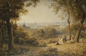 A View of Versailles with Elegant Figures in the Foreground at Sunset A View of Versailles with Elegant Figures in the Foreground at Sunset