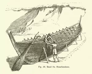 Viking longship found in a bog (engraving)