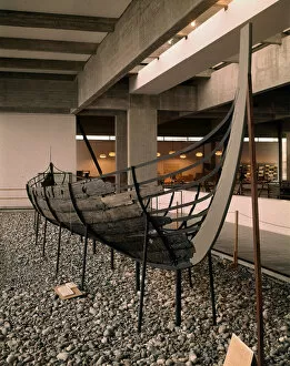 Viking ship (drakkar or Langskip) found in the Roskilde fjord, Denmark, c