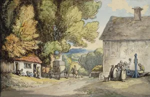A Village Green: a Carriage Halted Beneath a Tree, with a Man in the Stocks A Village Green: a Carriage Halted Beneath a Tree, with a Man in the Stocks