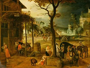 Village with Travellers taking Refreshments at an Inn (oil on canvas)