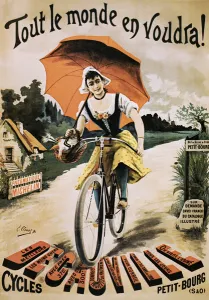 Vintage poster of woman riding bicycle holding red umbrella, 1894 (colour litho) Vintage poster of woman riding bicycle holding red umbrella, 1894 (colour litho)