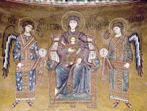 The Virgin and Child enthroned between two angels, from the apse (mosaic) The Virgin and Child enthroned between two angels, from the apse (mosaic)