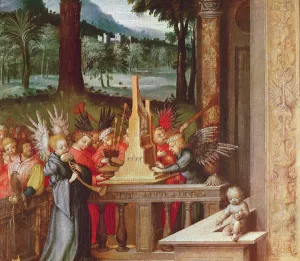 Virgin, Child and Saints (detail of angels playing the organ), 1519 (oil on oak) Virgin, Child and Saints (detail of angels playing the organ), 1519 (oil on oak)