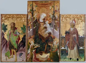 Virgin with child, st John the baptist and st Ambrose - Altarpiece with three panel Virgin with child, st John the baptist and st Ambrose - Altarpiece with three panel