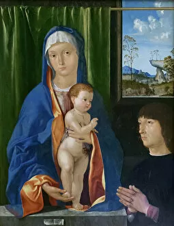 Sponsor Gallery: Virgin Mary with Child and donor, 1500-15 circa, Antonio Solaro, known as lo Zingaro (oil on panel)