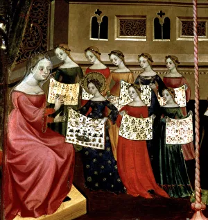 The Virgin Mary with her classmates showing needlework samplers to their teacher, detail from the Altarpiece of the Virgin and St. George, c.1390-1400 (tempera on panel) The Virgin Mary with her classmates showing needlework samplers to their teacher, detail from the Altarpiece of the Virgin and St. George, c.1390-1400 (tempera on panel)