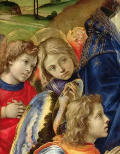 The Vision of St. Bernard, detail of three angels, 1480 (oil on panel) The Vision of St. Bernard, detail of three angels, 1480 (oil on panel)