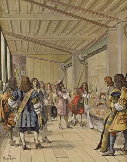 Visit of King Louis XIV to Gobelins, Lebrun showing him the workshops (colour litho)