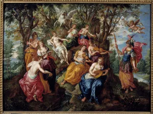 Visit of Minerva at the Muses Painting by Hendrick de Clerk (1570-1629) (ec.flam.) 17th century Chalons Sur Marne Visit of Minerva at the Muses Painting by Hendrick de Clerk (1570-1629) (ec.flam.) 17th century Chalons Sur Marne