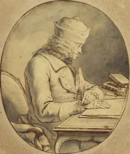 Voltaire seated at a Desk wearing a cap, in profile to the left, c Voltaire seated at a Desk wearing a cap, in profile to the left, c