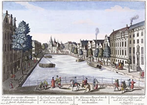 Austrian Artist Collection: Vue of Kleveniers Canal, Amsterdam, c. 1740-1770 (hand-coloured engraving)