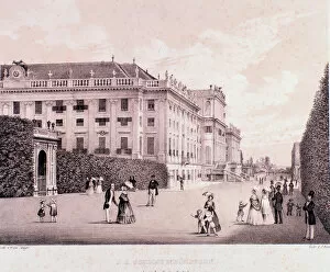 Walkers in the park of Schonbrunn Palace in Vienna, 19th century (print)