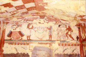 Wall depicting musicians, dancers and dolphins, from the Tomb of the Lionesses in Wall depicting musicians, dancers and dolphins, from the Tomb of the Lionesses in