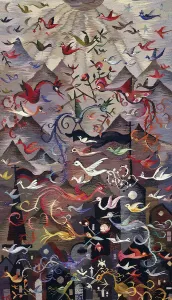 A wall-hanging tapestry, depicting mythical birds, with a background of mountains A wall-hanging tapestry, depicting mythical birds, with a background of mountains