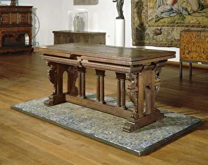 Walnut table with drawers on oak frame with Tuscan columns.,1550-1600 (wood) Walnut table with drawers on oak frame with Tuscan columns.,1550-1600 (wood)