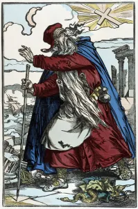 The wandering Jew frightened by the Catholic Cross - engraving from the drawing of Pinot The wandering Jew frightened by the Catholic Cross - engraving from the drawing of Pinot