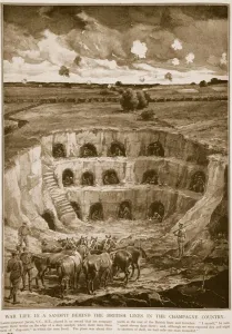 War life in a sandpit behind the British lines in the Champagne country, 1914-19 (litho) War life in a sandpit behind the British lines in the Champagne country, 1914-19 (litho)