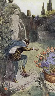Water from a jug held by a statue in a garden pouring onto the head of French potter Bernard Palissy (colour litho)