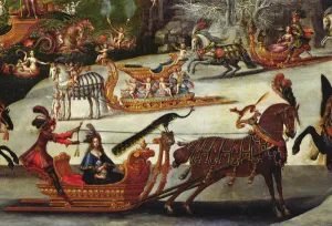 Water, detail of a peacock perched on a sledge, c Water, detail of a peacock perched on a sledge, c