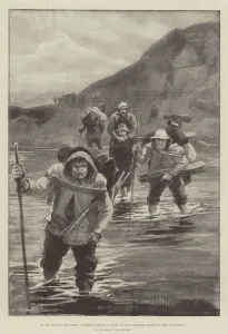 On the Way to Klondike, Packers fording a River on the Overland Route to the Gold-Fields (litho) On the Way to Klondike, Packers fording a River on the Overland Route to the Gold-Fields (litho)