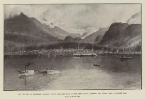 On the Way to Klondike, Skagway Town, from the Head of the Lynn Canal, showing the White Pass in October 1897 (litho) On the Way to Klondike, Skagway Town, from the Head of the Lynn Canal, showing the White Pass in October 1897 (litho)