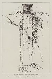 Two Ways up Meteora, the Ladder and the Basket (engraving)