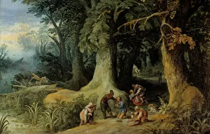 Weapon attack in a wood A group of highway bandits. Painting by Paul Bril (Brill) (1554-1626), 17th century Sun