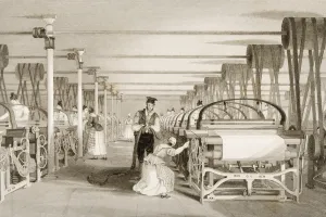 Weaving on Power Looms, Cotton factory floor, engraved by James Tingle (fl.1830-60) c Weaving on Power Looms, Cotton factory floor, engraved by James Tingle (fl.1830-60) c