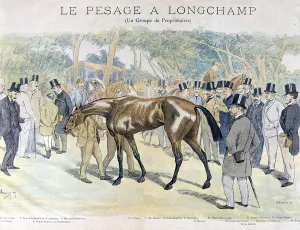 Weighing at Longchamp and a group of horse owners Weighing at Longchamp and a group of horse owners