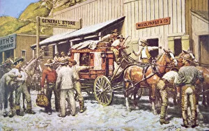 Stage Coach Gallery: A Wells Fargo & Co. Stagecoach in a western town, 1948 (colour litho)
