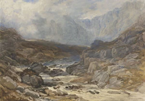 Britain Gallery: Welsh Mountain Scene with Torrential River (w / c with bodycolour & black chalk on paper)