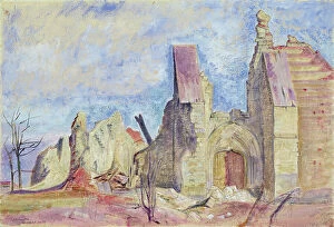 War & Military Scenes: 20th Century Gallery: The West Front, Marchelepot Church (gouache on paper)