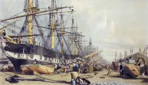 West India Docks, from London from the Thames, 1840 (colour litho) West India Docks, from London from the Thames, 1840 (colour litho)