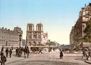 Western Facade of Notre Dame, and Pont St. Michel, Paris, pub. c.1900 (colour litho) Western Facade of Notre Dame, and Pont St. Michel, Paris, pub. c.1900 (colour litho)