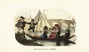 Vehicle Types Gallery: A wherry-man helps an obese man on to his wherry boat. 1831 (engraving)